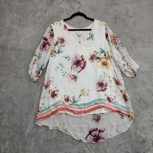 NEW Belle France Top XL‎ White Pink Floral Silk Blend Tunic Blouse 1/2 Sleeves